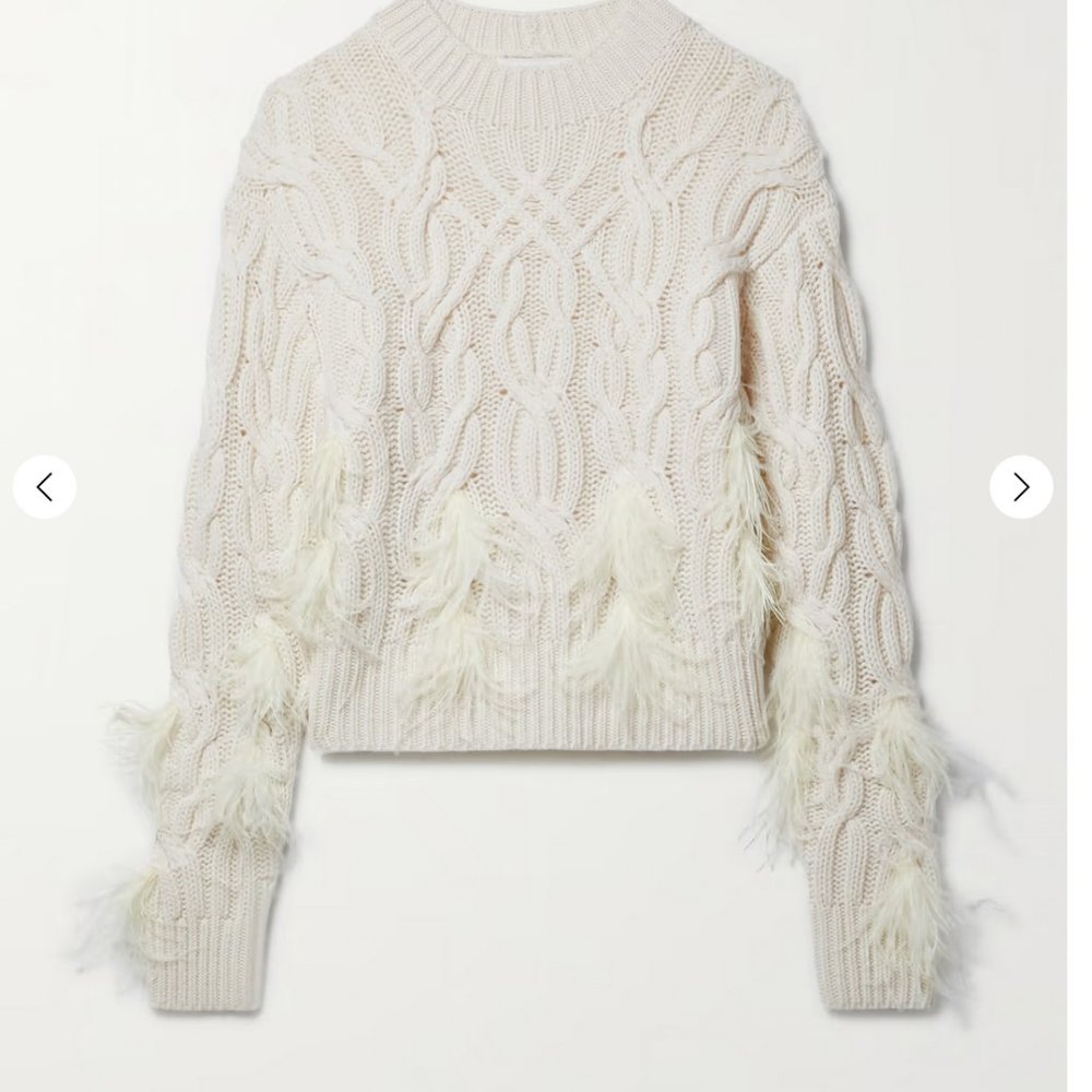 Vince Cream Cable Knit Feather Trim Crewneck Sweater